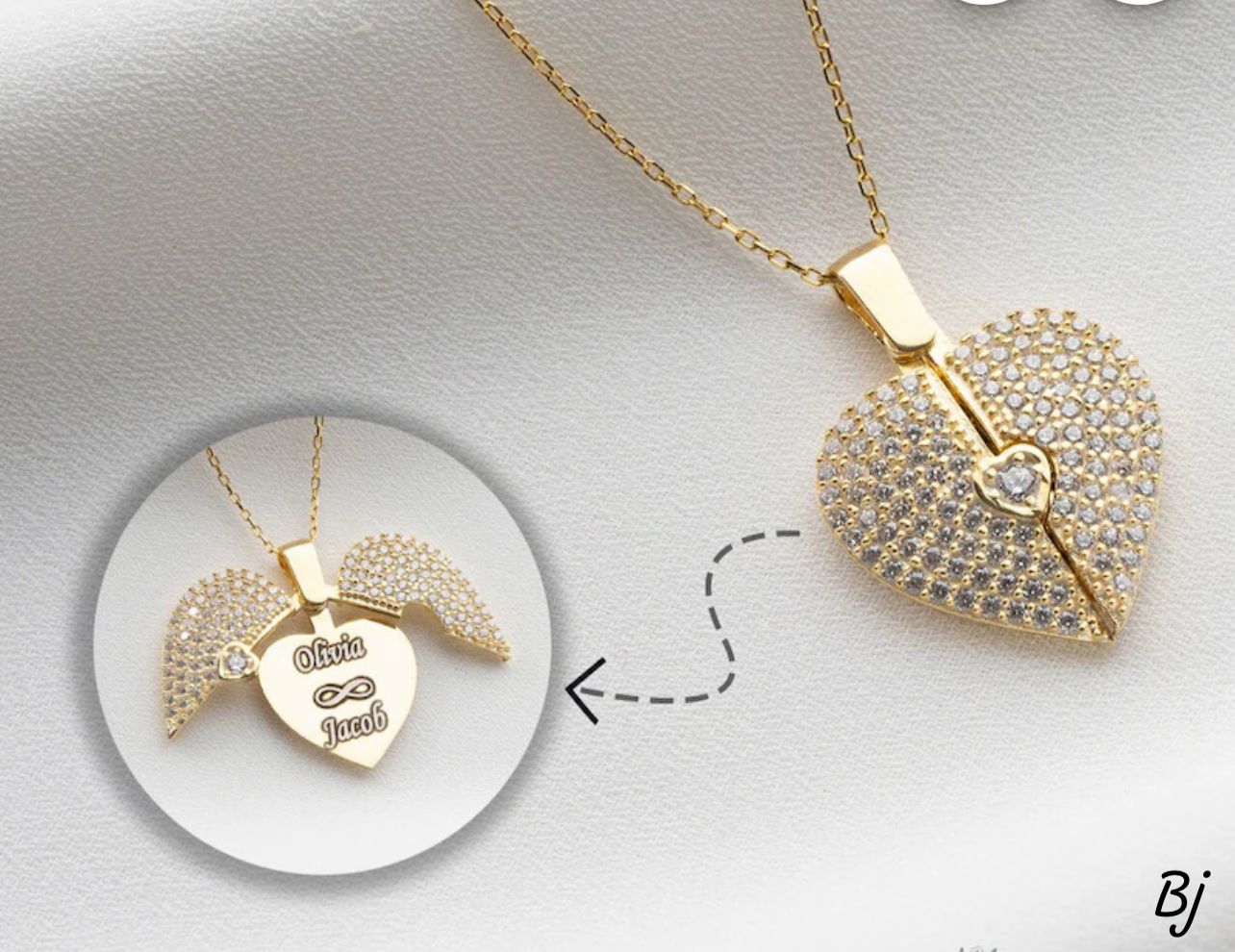 Fancy Customized Openable Heart 💖 Angel Wings Pendant – Gold Plated Zircon Design